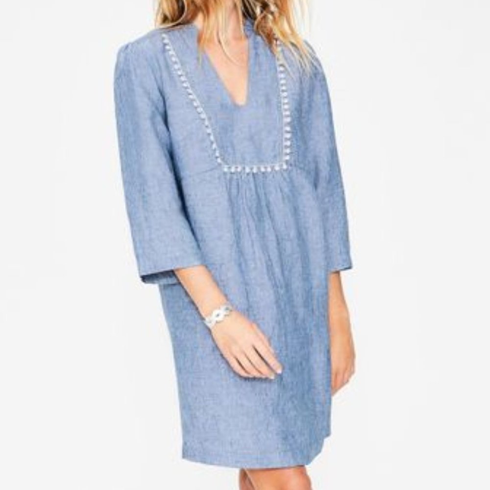 Boden Evangeline Linen Kaftan Tunic w Pompom Trim